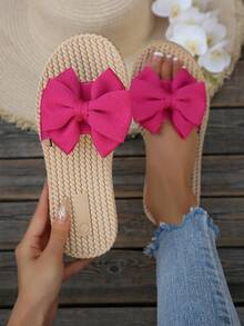 全新舒适休闲大码女式平底一脚蹬凉鞋，蝴蝶结装饰，露趾，时尚，适合海滩、度假、夏季 - 玫紅色 - 查看 1