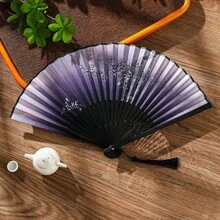 1 buc. Evantai pliabil din in, stil chinezesc, 23 cm, pentru femei, 7 inch, cu os de bambus, potrivit pentru afișare, dans, dimensiune aleatorie a găurii
