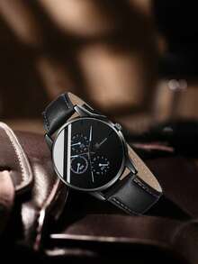 2Pcs Men's Black PU Leather Strap Fashionable Casual Classic Retro Three Eye Dial Quartz Watch Bracelet Jewelry Set For Daily Wear Or Holiday Gifts