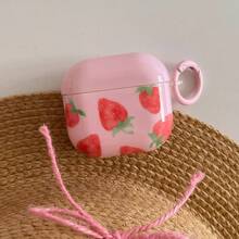 Summer Korea Style Pink Strawberry Design Earphone Case + Strap Suitable Compatible With Apple Pro 2/Pro/3/4/2 Case, Fashion/Cute/Fruit Wireless Earbuds Protective Cover