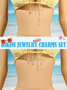 2 Stücke Körperkette für Damen, Bikini-Kette & ovale perlenbesetzte Taillenkette, vielseitige Anhänger Bikini-Kette, Halter-BH-Kette, sexy Boho Strand Bikini