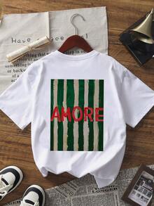 夏季新款时尚条纹英文字母印花休闲圆领白色短袖T恤，时尚百搭女士日常穿搭 - 白色 - 查看 2