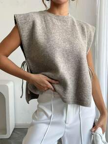 女士优雅无袖针织吊带背心，侧系带，轻盈透气休闲度假毛衣背心 - 卡其色 - 查看 4