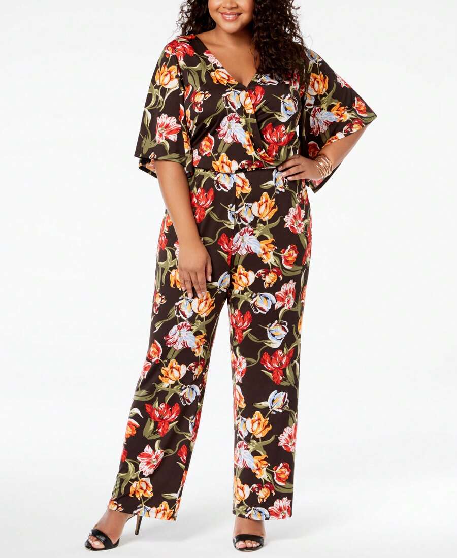 NY Collection Plus Petite Plus Size Printed Wide Leg Jumpsuit - Red - View 1