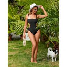 Traje de baño de una pieza sexy para mujer con corte y espalda descubierta, bañador de escote tipo cuenco y parte trasera cheeky - Negro - Ver 5