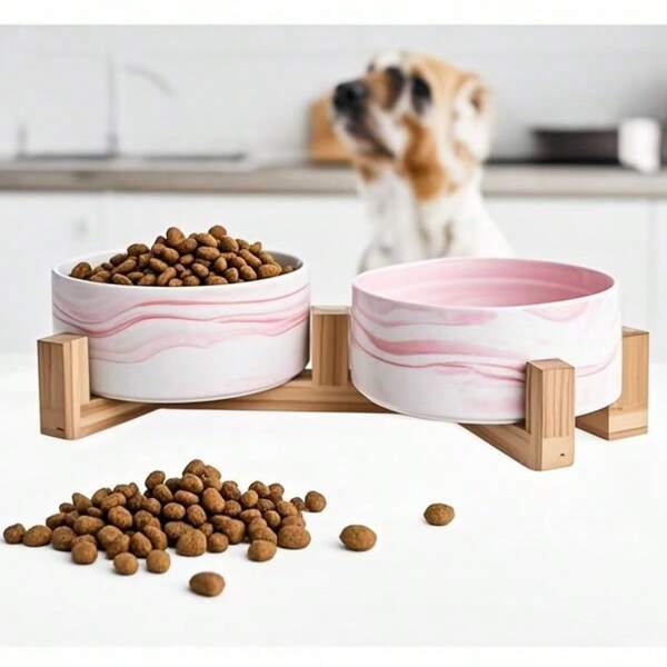 Tazones de cerámica para perros y gatos con soporte de madera antideslizante elevado, tazón de alimentación redondo para mascotas apto para lavavajillas y fácil de limpiar