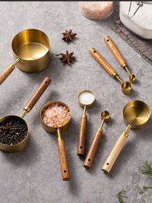 4pcs Measuring Cup & Spoon Set, Stainless Steel With Wooden Handle, Stackable, Kitchen Tools For Baking, Cooking, Dry & Wet Ingredients Measurement