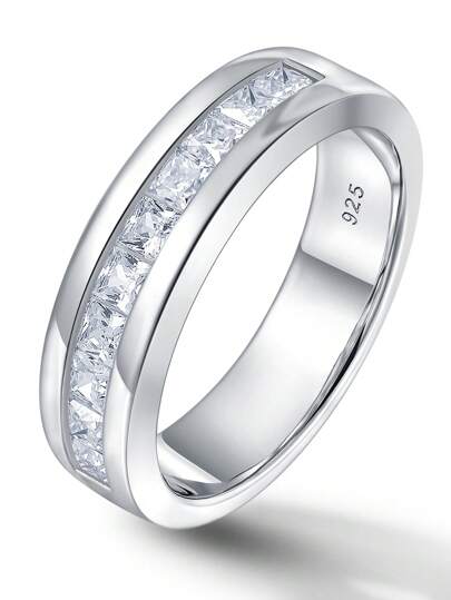 AIHUASI 1pc Dainty Moissanite Rhinestone Wedding Bands For Men 925 Sterling Silver Eternity Rings 2.5*2.5mm 0.15 Carat Princess Cut Dazzling D Color VVS1 Moissanite Promise Engagement Rings Fine Jewelry Valentines Gift