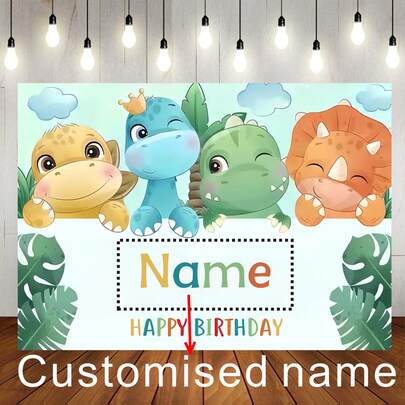 1 pieza Fondo de tela personalizable con tema de dinosaurio y feliz cumpleaños, diseño de patrón de príncipe de dinosaurio de dibujos animados lindo y nombre personalizado, adecuado para decoración de fondo de fiesta de cumpleaños o baby shower con tema de dinosaurio, actividades artísticas para decoración navideña, para inauguración de casa