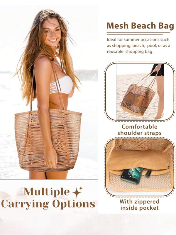 1pc Foldable Beach Bag Mesh Handbag Tote Bag Women Shoulder Bag Summer Outdoor Travel Essential Women Pure Straw Beach Bag - Women Beach Handmade Woven Tote Bag Mesh Hollow Shoulder Bag Suitable For Vacation Foldable Mesh Beach Bag Travel Shoulder Handbag Large Capacity Clothing Sundries Multi-Purpose Storage Bag