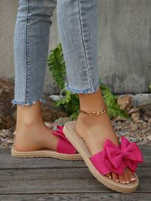 全新舒适休闲大码女式平底一脚蹬凉鞋，蝴蝶结装饰，露趾，时尚，适合海滩、度假、夏季 - 玫紅色 - 查看 5