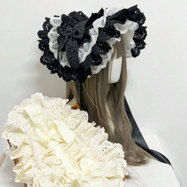 1 pezzo Cappello Lolita elegante con bordo in pizzo e fiocco, accessori di ruolo a tesa larga per donne, stile Lolita