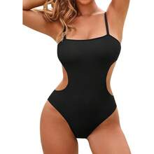 Traje de baño de una pieza sexy para mujer con corte y espalda descubierta, bañador de escote tipo cuenco y parte trasera cheeky - Negro - Ver 1