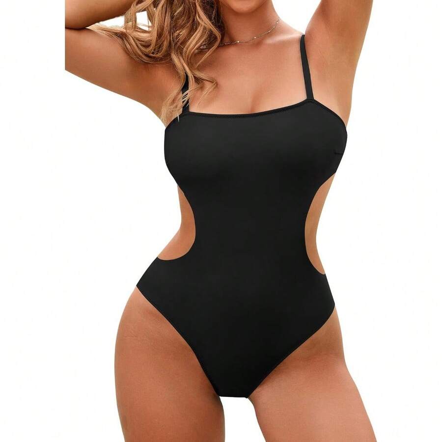 Traje de baño de una pieza sexy para mujer con corte y espalda descubierta, bañador de escote tipo cuenco y parte trasera cheeky - Negro - Ver 1