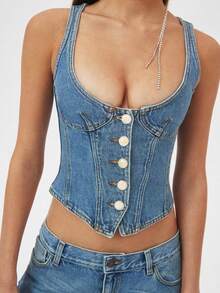 Women Crop Denim Tank Tops Casual Summer Front Button Basic Vest Sleeveless Shirt Aesthetic Clothes For Streetwear