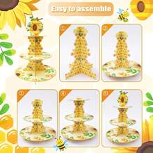 4 Stücke 3-stufiger Cupcake-Ständer im Bienenmotiv - lebendiges Gelb und Grün Design mit Wabenmuster und Blumenmuster, ideal für Baby-Shower, Hochzeit, Geburtstagsparty Dekoration, Bienen Dekor