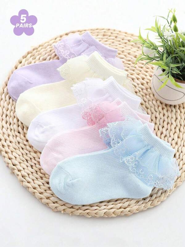 5/1 par de calcetines para bebé/niña, calcetines cortos de unicolor, estilo princesa, con volantes de encaje Kawaii, transpirables y suaves, adecuados para volver al colegio, vacaciones, viajes y combinar diariamente con vestidos de princesa