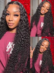 funky girl Water Wave 13x4 Lace Front Wigs Human Hair 150% Density Curly Wig Human Hair Lace Frontal Wigs For Black Women Deep Wave Pre Plucked Natural Black - SNatural - View 2
