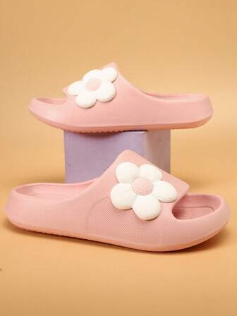 儿童泡沫拖鞋，简约防滑软底休闲露趾花朵装饰轻便室内拖鞋，女童尺码