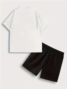 "LA" Sports Team Logo Print - Casual Men's Cotton T - Shirt & Polyester Shorts Two - Piece Set, Comfortable & Breathable, Summer Fashion Top Pick, High - Quality Attractive Street - Sports Print - 白色 - 查看 2