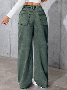 女士百搭前拉链牛仔裤，绿色，带口袋，休闲简约日常穿着，无弹力棉质面料，柔软舒适，冬季服装 - 綠色 - 查看 3