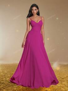 Smilprince Abito lungo linea A con bretelle a spaghetti color fucsia, semplice vestito da damigella d'onore, elegante abito da sera lungo, vestito da ballo per donne, outfit per festa di fine anno, abito da cerimonia per laurea, look semplice da damigella d'onore