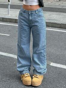 Medium Waist Women's Wide Leg Jeans In Plus Size, Straight Leg Shape, Loose Elastic, Comfortable, Classic And Casual With Pockets(The Size Is Too Large, It Is Recommended To Take A Smaller Size) - 中等水洗藍 - 查看 4