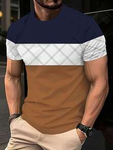 Camiseta de manga corta con cuello redondo casual de color block talla grande para hombres, nueva para el verano