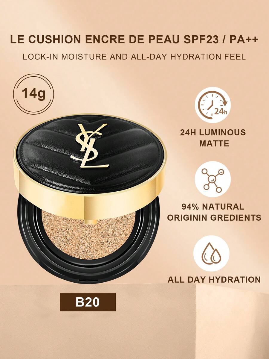 Yves Saint Laurent Yves气垫粉底液（墨水系列），柔焦哑光妆效，SPF 33/PA++，全天持久无瑕遮瑕，控油，提亮肤色，长效保湿。净重0.49盎司/14克，色号#20。 - 0.49 oz.-14g #20 - 查看 1