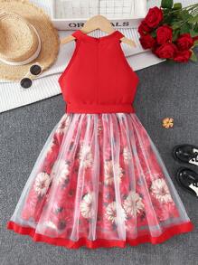 Girls Mesh Splicing Halter Neck Waist Tie Print Dress, Tweens