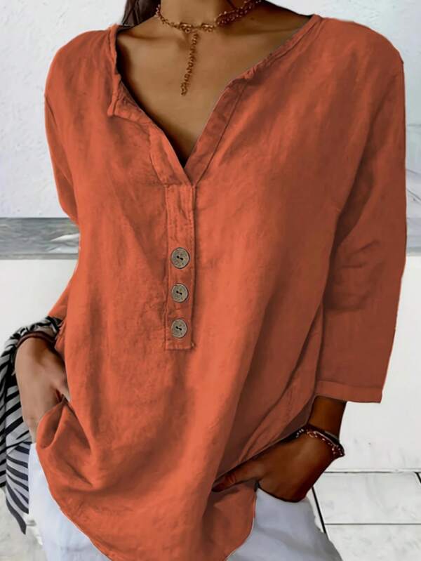 Top con cuello en V y abotonado - Suéter holgado de unicolor, Camisa casual de cuello en V de moda para mujeres