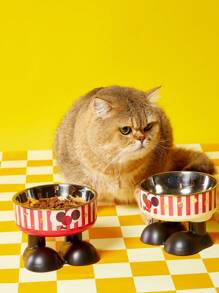 1pc Elevated Cartoon Cat Dog Pet Food Water Bowl With Spill Prevention, Raised Feeder