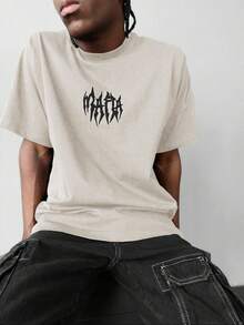 男士宽松休闲百搭深色图案印花高街时尚短袖T恤 - 杏色 - 查看 2