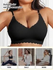 Plus Size Seamless Wireless Bra For Women, Lift & Gather, Supportive Back, Comfortable & Breathable, Skin-Friendly, Removable Padded, Adjustable Straps, Suitable For Sleep, Leisure, Yoga - Black - View 4