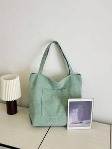 Tas Tote Bahu Pria Warna Polos, Tas Belanja Serbaguna, Tas Kanvas Bergaris Kapasitas Besar, Tas Sekolah - Mint Green - View 4