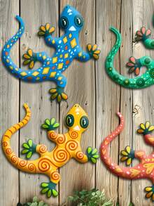 4pcs 2D Colorful Wooden Gecko Wall Decor, Outdoor Garden Patio Decoration, Suitable For Indoor Or Outdoor, Great Gift For Mom, Dad And Friends