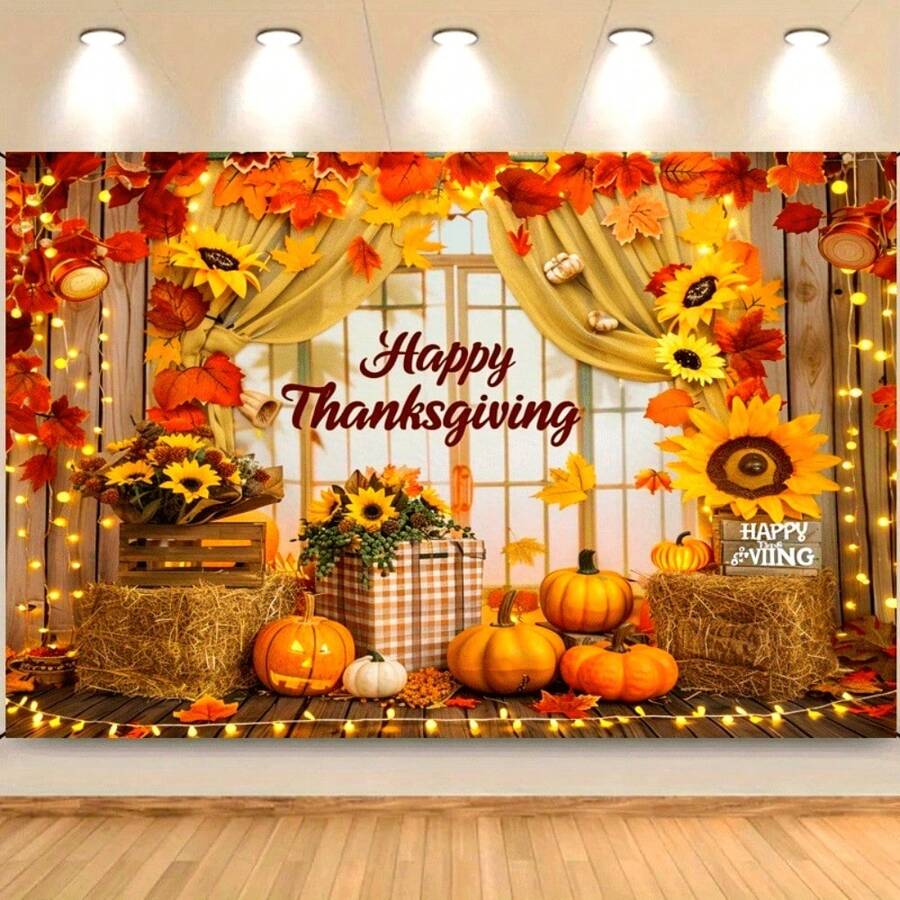 1pc Thanksgiving Background Banner, Polyester - Autumn Pumpkin & Sunflower Harvest Theme Party Decor, Thanksgiving Turkey Photo Booth Backdrop, Autumn Holiday Non-Electric Wall Decoration Banner