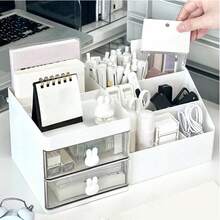 1个三层塑料桌面收纳盒，带抽屉，适用于办公用品、化妆品、化妆刷、指甲油和香水收纳，返校季必备，可作铅笔盒、铅笔袋、书包、文具盒等。