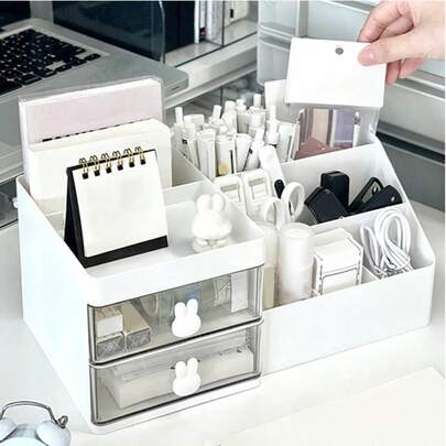 1个三层塑料桌面收纳盒，带抽屉，适用于办公用品、化妆品、化妆刷、指甲油和香水收纳，返校季必备，可作铅笔盒、铅笔袋、书包、文具盒等。