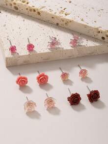 6 对套装简约树脂可爱花朵/玫瑰耳钉，时尚珠宝礼物，适合女性日常休闲佩戴 - 彩色 - 查看 2