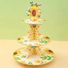 4 Stücke 3-stufiger Cupcake-Ständer im Bienenmotiv - lebendiges Gelb und Grün Design mit Wabenmuster und Blumenmuster, ideal für Baby-Shower, Hochzeit, Geburtstagsparty Dekoration, Bienen Dekor