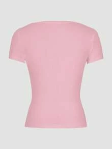 Women Casual Solid Color Short Sleeve T-Shirt - Pink - View 8