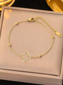 1 Stück 18K vergoldetes Edelstahl Armband mit Zirkonia Kugel und 4-Blatt Kleeblatt, Geschenk für Mütter, Paare, Töchter, Sommerstrandmode, wasserfest und farbbeständig