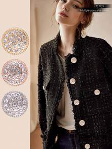 10pcs Mica Metal Round Rhinestone Buttons, Fashion Sewing Decorative Buttons For Clothing DIY Accessories, Available In Golden/Rose Gold/Silver - Multicolor - View 4