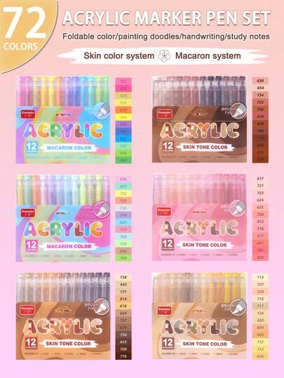 72/24/12 Colors Guang Na Acrylic Painting Marker Pens, Brush Tip Straight Liquid Soft Tip Acrylic Marker, Impervious Color Layering Art Brushes, 1-5mm Brush Width, Meet The Needs Of Professional Character Hand-Drawing Design, Suitable For Cardboard, Ceramic, Glass, Plastic, Metal, Wood And Pther Surfaces, Powerful Coverage, Colors Can Be Stacked, School And Art Supplies Back To School