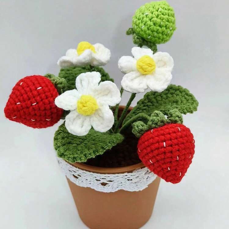 1 件手工成品钩针草莓花盆、草莓装饰、草莓钩针花盆、装饰植物、钩针花、家居装饰、夏季装饰、手工复古风格布艺草莓、夏季分层托盘装饰 - 彩色 - 查看 5