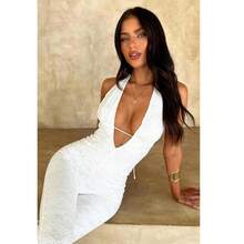 Women's Solid Backless Deep V Neck Tie Back Jumpsuit, Casual Fashion Sleeveless Plunge Neck Jumpsuit Womenswear Overalls Comfort Basic Black - White - View 5