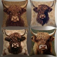4pcs, Highland Cow Artistic Pillow Covers, Without Pillow Inserts, Polyester 100%,16x16 18x18 20x20 Inches, Single-Sided Print - Rustic Floral & Weathered Look Design, Soft Polyester, Zippered Closure - Ideal For Living Room Sofa, Bedroom Decor.