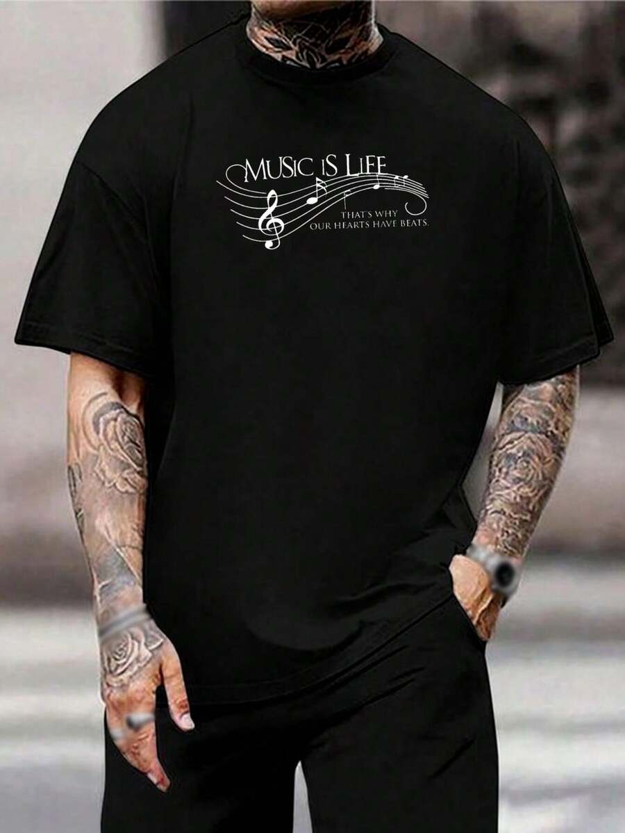 Camiseta de música para hombre - Camiseta gráfica con clave de sol - Regalo para músicos - Cómoda mezcla de algodón - Camiseta informal negra - Regalo del Día del Padre - Negro - Ver 1