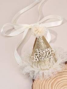 1件装女孩闪亮生日发箍，香槟金银色3D高顶礼帽，米色薄纱饰边，“生日快乐”3D字母，生日派对发饰 - 彩色 - 查看 5